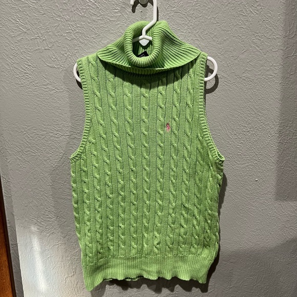 Ralph Lauren Sweaters - Ralph Lauren Green Cable Knit Sleeveless Sweater Pink Pony Size M EUC Y2K Preppy